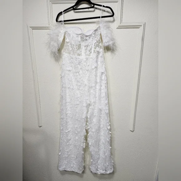 Lulus Midnight Sparkle White Mesh Embroidered Feather Bustier Jumpsuit XL Bridal - Picture 8 of 9